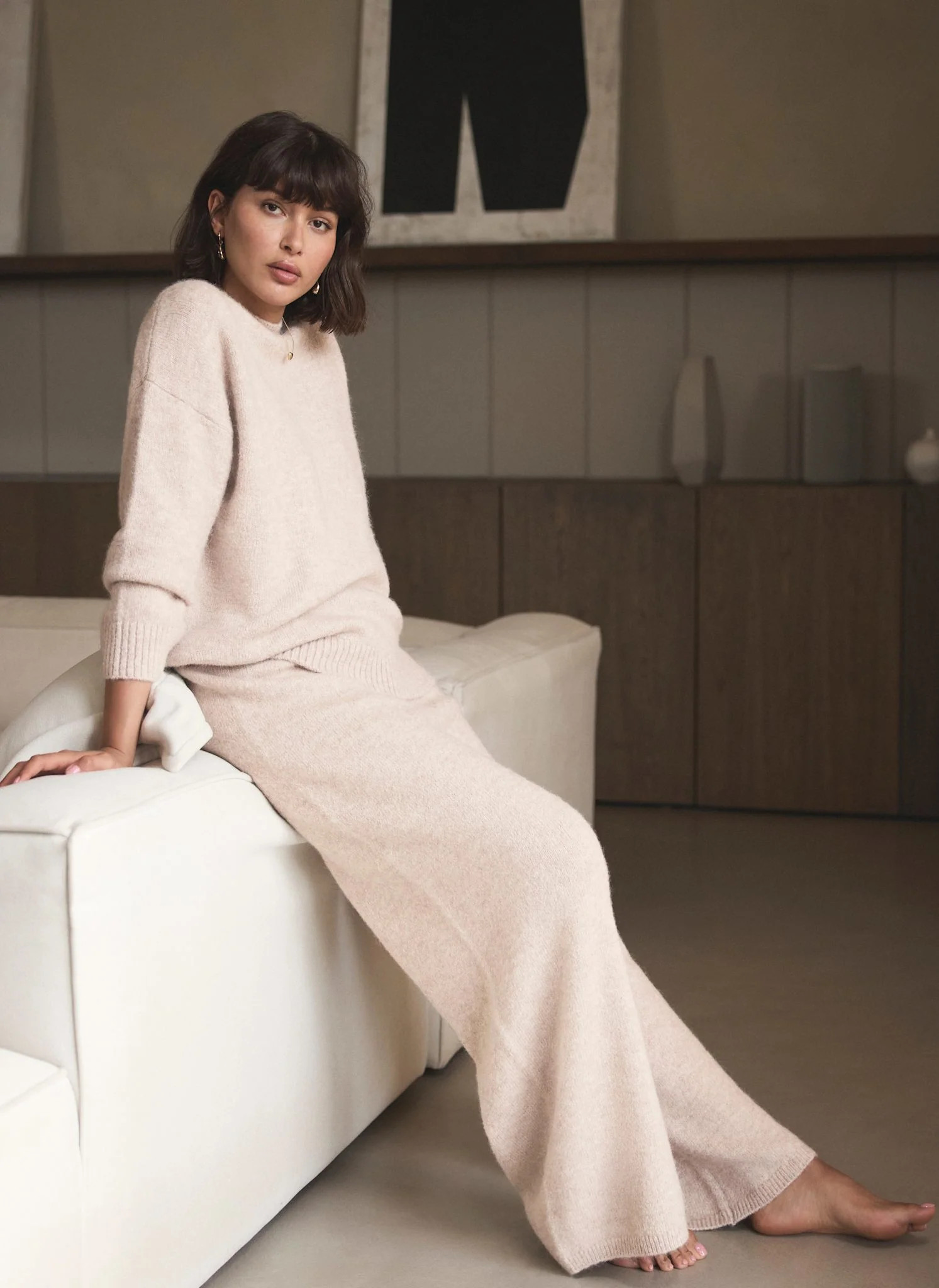 Neutral Wool Blend Wide Leg Trousers | Mint Velvet