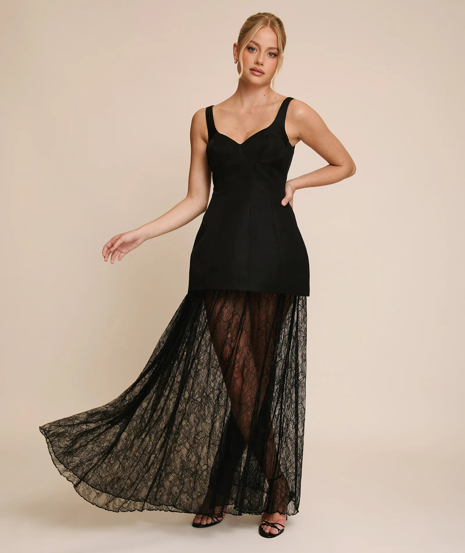 Plunge Satin Dress with Lace Skirt - Black | Black Tie | Black Maxi Dresses - 18 | Six Stories
