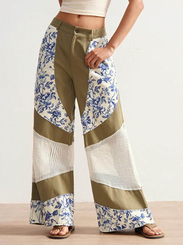 Bohemela Boho Country Style Woven Patchwork Low Waist Loose Wide Leg Women Pants Patchwork Pants ... | SHEIN
