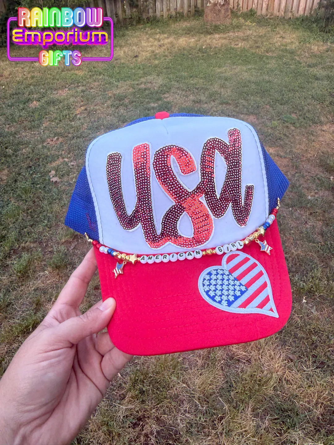 Red White Blue Sequin USA Trucker Hat with Optional Hat Chain | Etsy (Global)