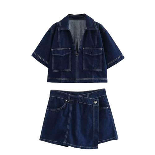 Women's V Neck Denim Cropped Top Summer Y2k Outing Denim Shirt, Casual Short Sleeve Loose Shirt Tops and Culottes (Dark Blue Suit,Small) | Amazon (US)