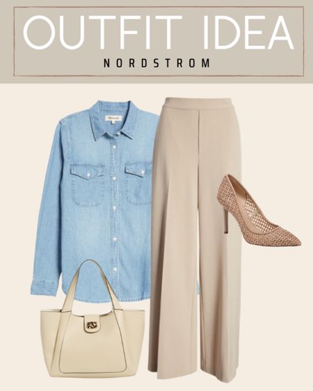 Business casual outfit idea
Nordstrom, wide leg dress pants, nude heels, top shop tote bag, madewell denim button down shirt 

#LTKstyletip #LTKunder100 #LTKworkwear