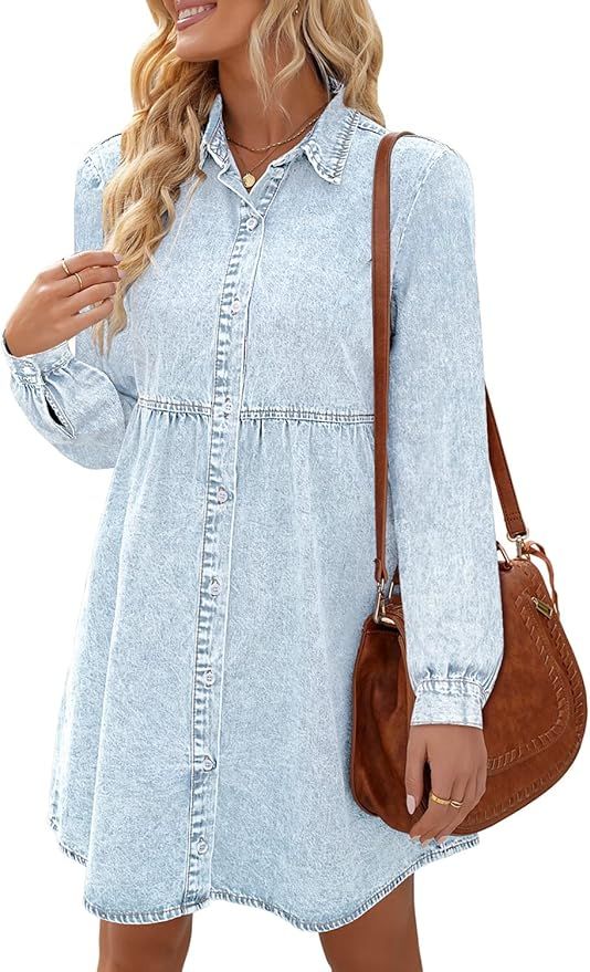 LookbookStore Long Sleeve Denim Dress for Women Jean Dress Button Down Casual Babydoll Denim Shir... | Amazon (US)