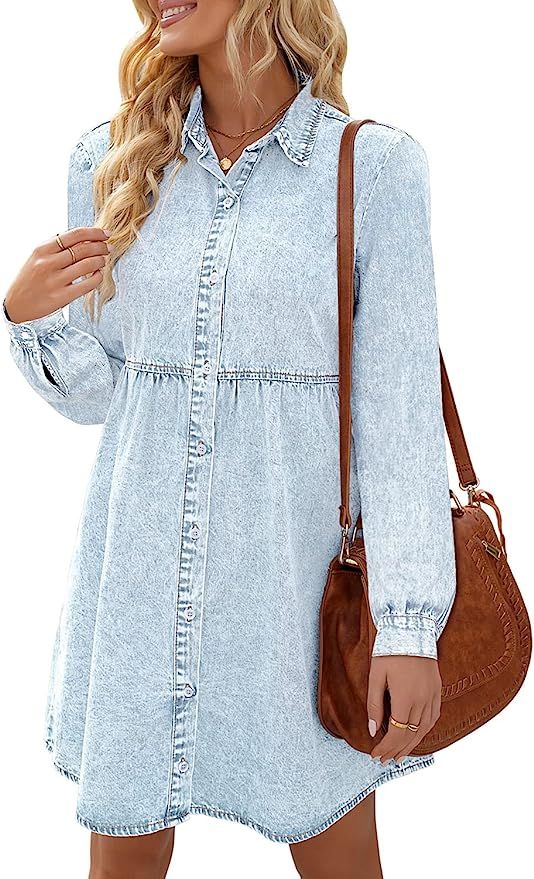 LookbookStore Long Sleeve Denim Dress for Women Jean Dress Button Down Casual Babydoll Denim Shir... | Amazon (US)