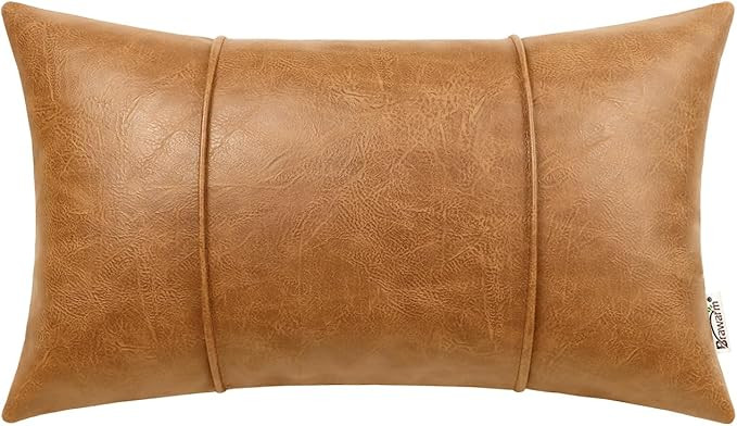 BRAWARM Tan Leather Throw Pillow Covers 12 X 20 Inches - Faux Leather Lumbar Pillow Cover with Pi... | Amazon (US)