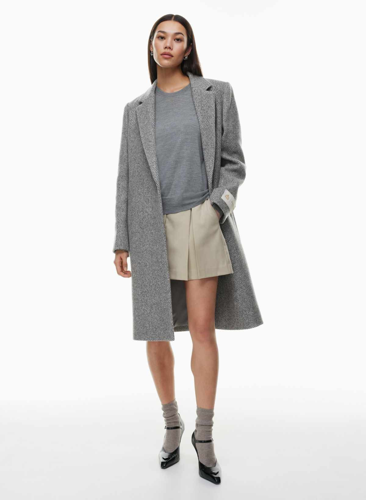 Aritzia Babaton Women's The Stedman Coat in Herringbn Grey/White | Large | Wool/Polyamide/Cashmere | Aritzia