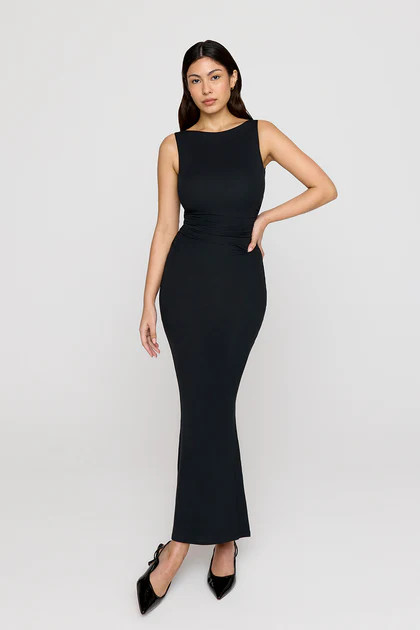 365 RUCHED SIDE BOAT NECK MAXI DRESS - SHADOW BLACK | TALA (UK)