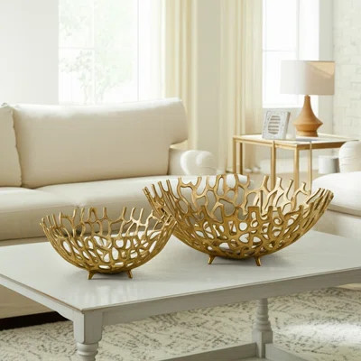Dombrosky Decorative Bowl Set Aluminum Openwork Coral Reef Design 12" & 16" Metallic Gold Finish Home Office Bedroom Living Room Accent Decor Set of 2 | Wayfair North America