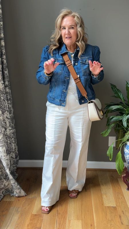 White, denim and cognac make such a classy outfit. 
Pants size large/12
Tee size XL 
Denim jacket is a FIND!!!! Love the little puff sleeve detail and the fit. Wearing a large. 
My purse and my sandals are on a great sale! Grab them! 

Walmart fashion loft white pants denim jean jacket work outfit 

#LTKFindsUnder50 #LTKSaleAlert #LTKOver40