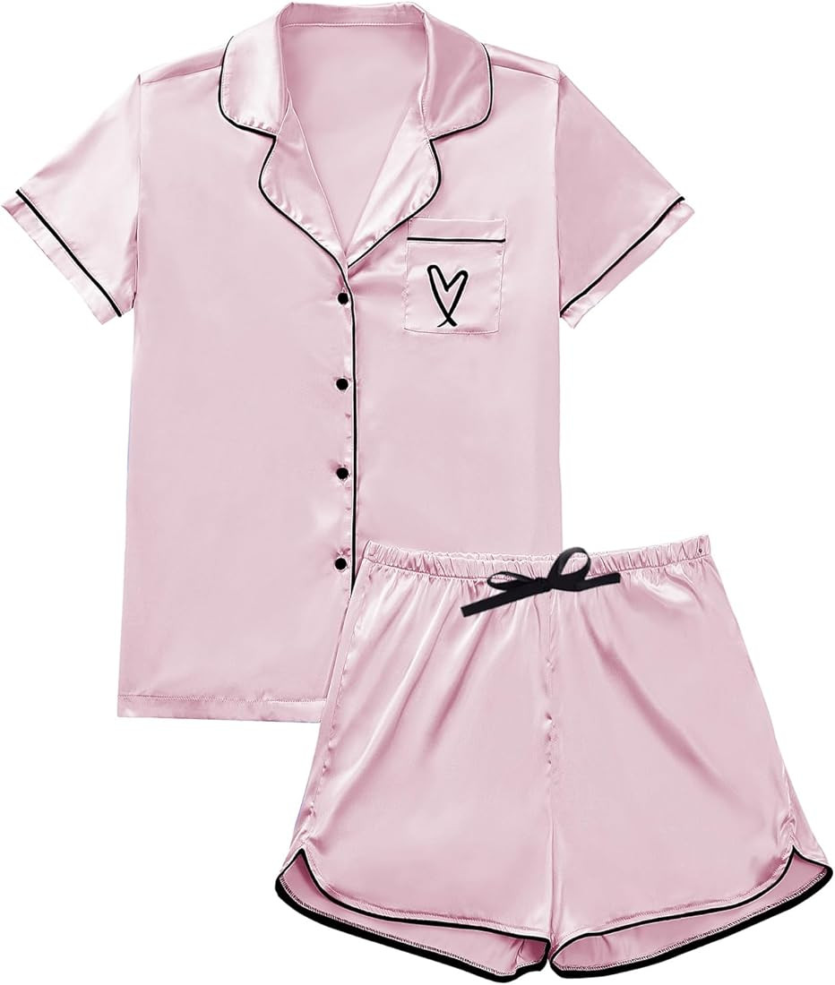 Rooscier Women's Satin Pajamas Set V Neck Short Sleeve Shirt With Shorts Sleepwear | Amazon (US)