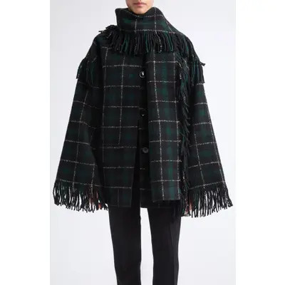TOTEME Fringed Wool Blend Scarf Jacket in Pine/black at Nordstrom, Size 32 | Nordstrom