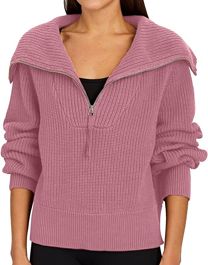 Women’s Pullover Sweater Knit Long Sleeve Dropped Shoulder Half-Zip Oversized Collar Cropped Si... | Amazon (US)