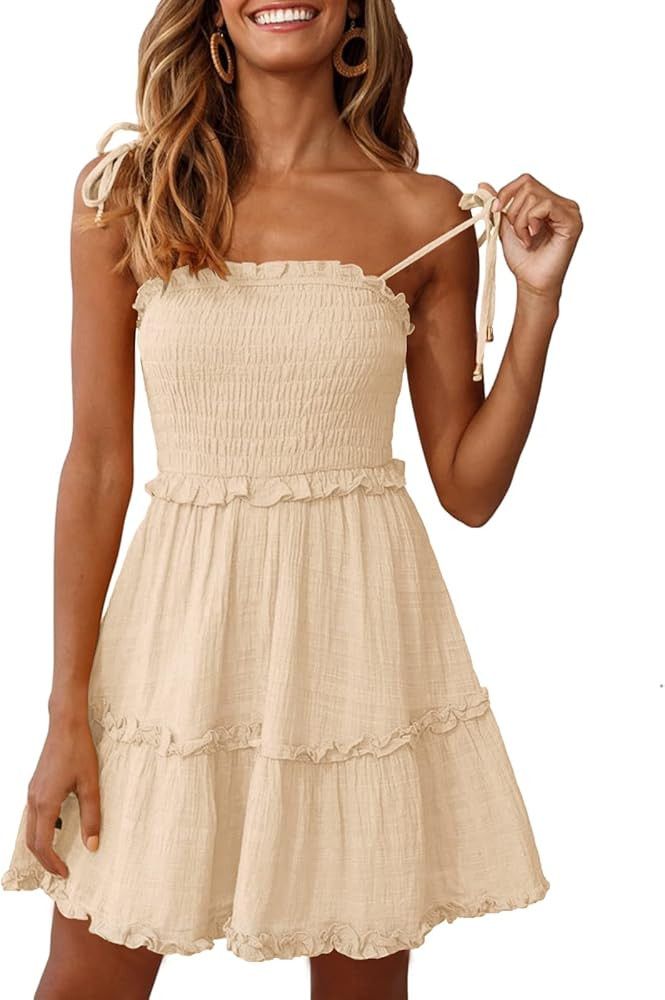 Meikulo Women Spaghetti Strap Layered Ruffle Backless Mini Dress Cute Casual Boho Summer Dresses | Amazon (US)
