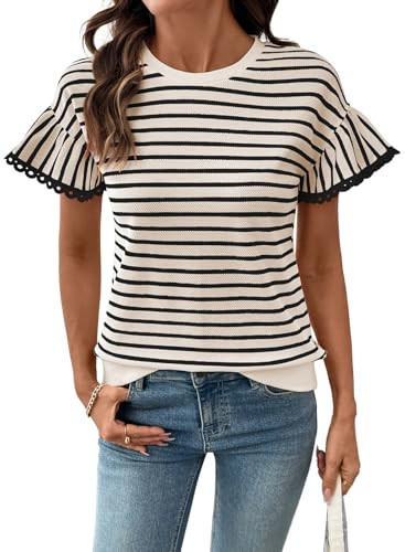 SHEWIN Women Summer Tops Ruffle Short Sleeve Shirts Business Dressy Blouse Casual Fashion Trendy Sweaters Loose Fit Work 2026 Clothes Size L, White and Black Stripe | Amazon (US)