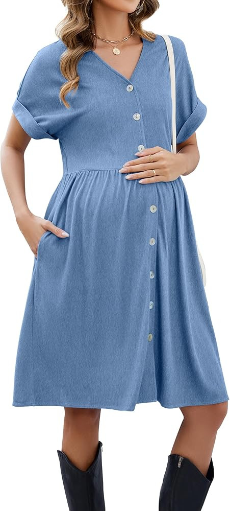 OUGES Womens 2025 Summer Maternity Dress Short Sleeve V Neck Button Down Pregnancy Casual Materni... | Amazon (US)