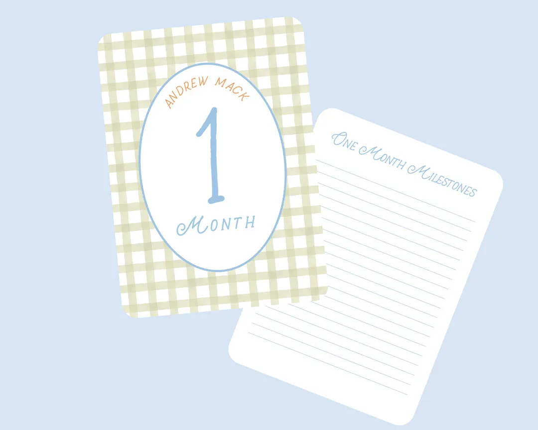 Baby Milestone Cards Personalized Blue Green Orange Gingham and Stripes. Monthly Photo Cards Pers... | Etsy (US)