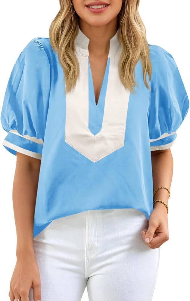 Cicy Bell Womens Color Block Puff Sleeve Blouses Summer Casual Dressy V Neck Tops Loose Fit Tee S... | Amazon (US)