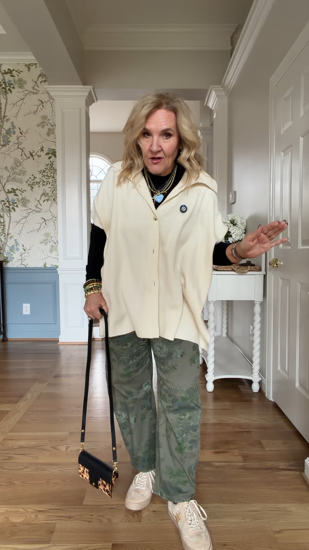 Floral barrel jean size 29 regular
Cape/poncho sweater size extra small, small 
long sleeve layering T-shirt. You have to size up two sizes I’m in an extra large.

These espadrille sneakers are fantastic. Probably meant more for spring, but I’m wearing them now true size.
I love my new Allie Bess  piece you can use my 25% off code. NANETTE25 for a couple more days.

The salad recipe that I’ve been using on repeat is below

Salad recipe 
Spring mix
Diced apples 
Parmesan shavings 
Spiced sugared pecans 
Sherry vinaigrette 
1/4 cup sherry vinegar
1/4 cup olive oil 
1 tsp Dijon mustard 
Salt & pepper 

#LTKOver40 #LTKSaleAlert #LTKFindsUnder50