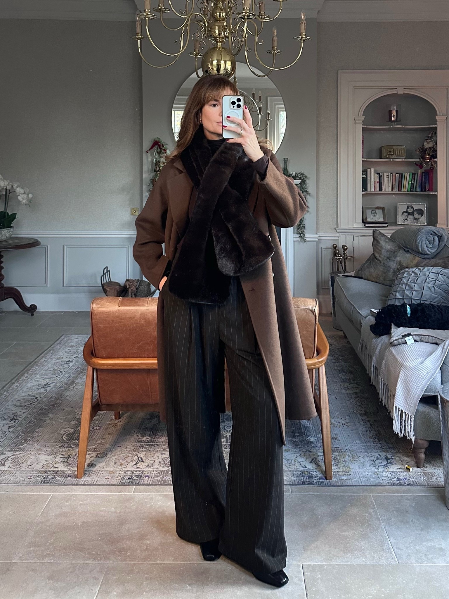 Brown outfit 
Wool blend coat size S
Pinstripe brown trousers M
Black ankle boots 
Faux fur scarf 

#LTKstyletip #LTKwinter #LTKuk