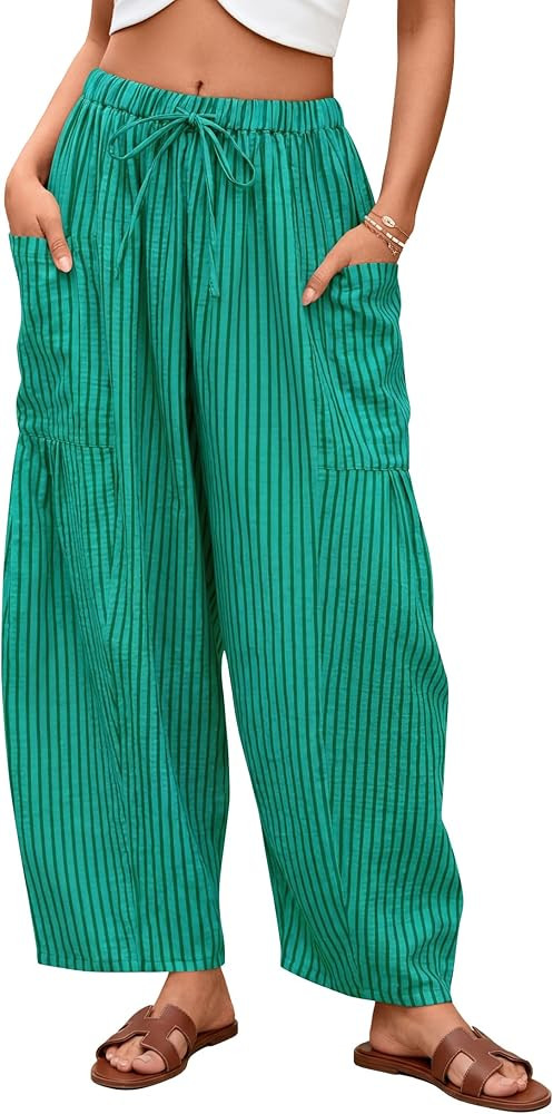 ZESICA Women’s Striped Wide Leg Palazzo Harem Pants 2026 Summer Drawstring Baggy Lounge Beach T... | Amazon (US)