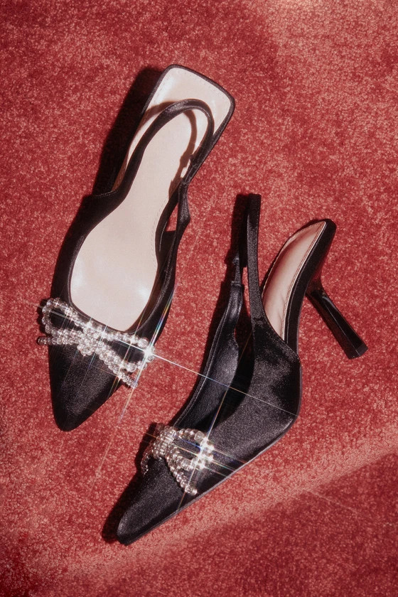 Catrin Black Satin Rhinestone Bow Pointed-Toe Mule Pumps | Lulus
