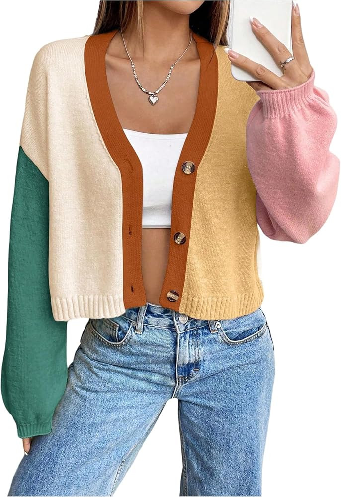 Verdusa Women's Colorful Cropped Cardigan V Neck Sweater Coat 70s Sweaters Fall Cardigans | Amazon (US)