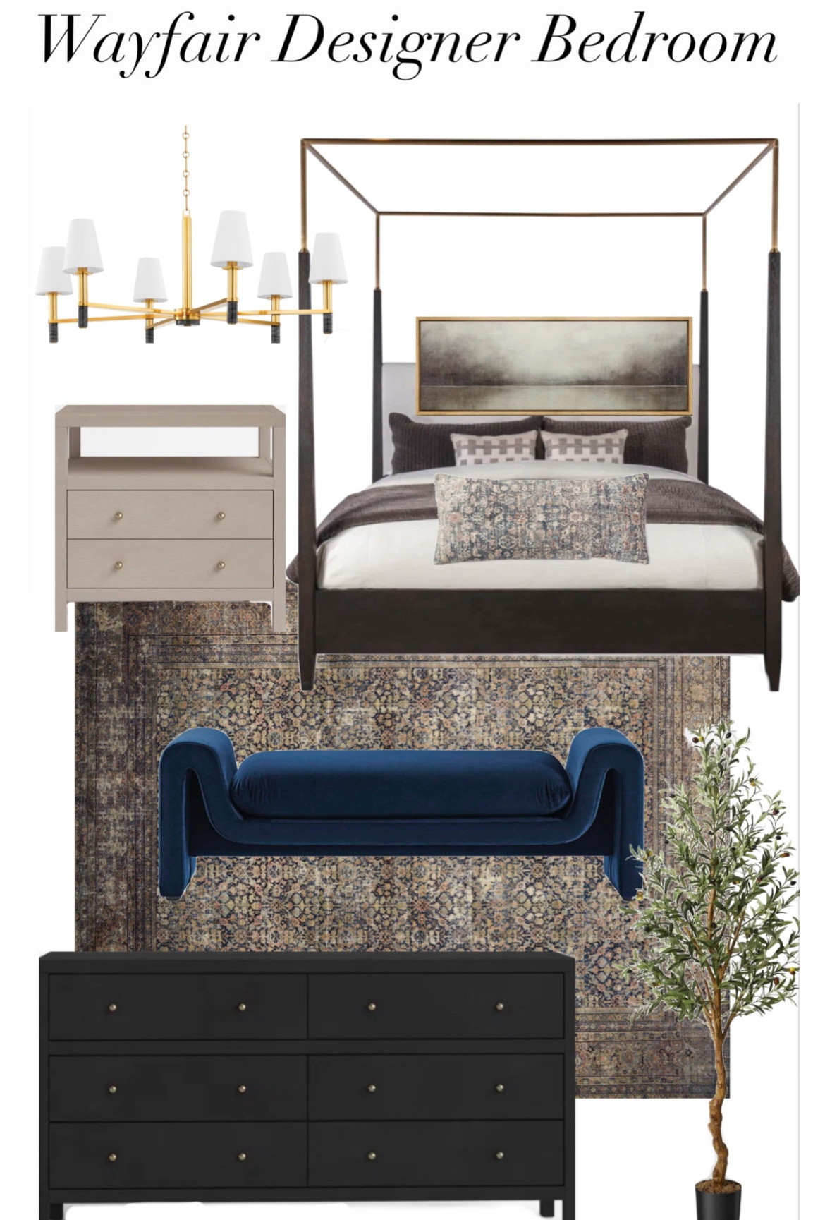 Moody designer bedroom pulling I dark wood tones and brass details on the canopy bed, velvet ottoman bench, moody traditional vintage style rug, olive tree, creamy wood nightstands with drawers and brass chandelier with shades. 

#wayfairpartner #wayfair @wayfair

#LTKSaleAlert #LTKHome #LTKxWayfair