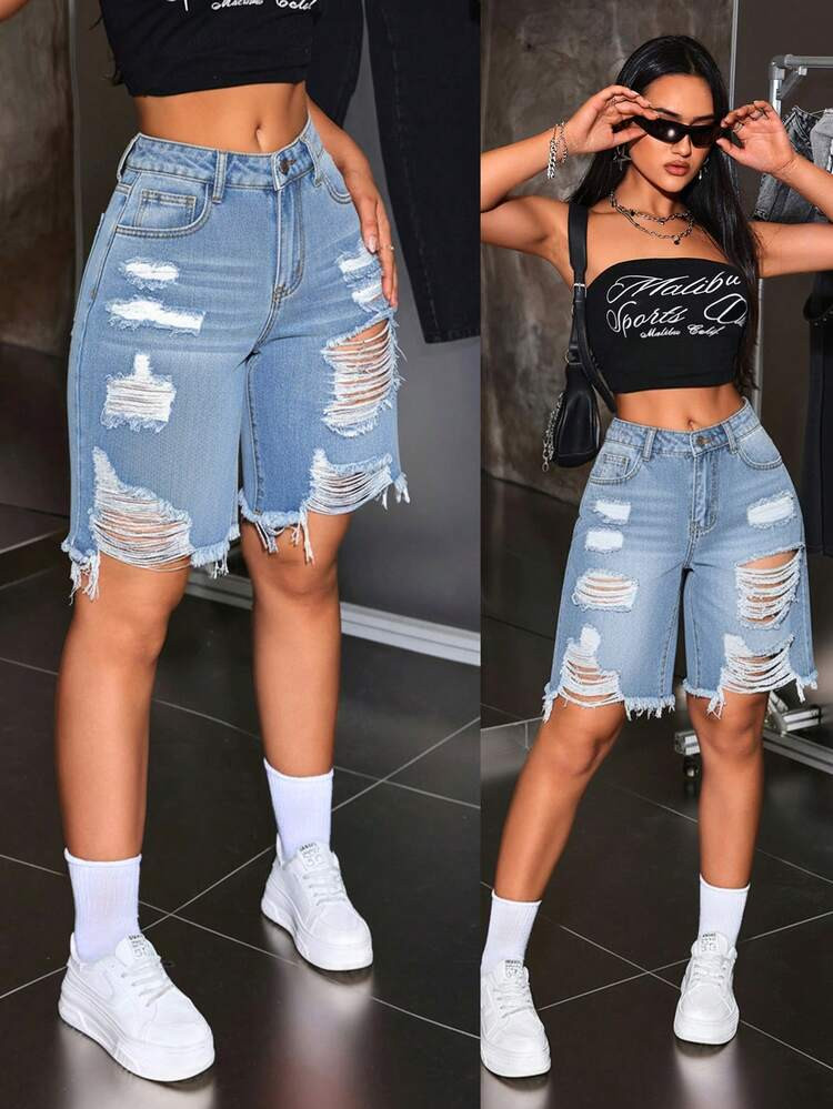 SHEIN ICON Summer Casual Washed Distressed Denim Shorts Jean Shorts For Women High Waist Women's Jean Shorts Jean Shorts Y2k Denim Knee-Length Shorts | SHEIN