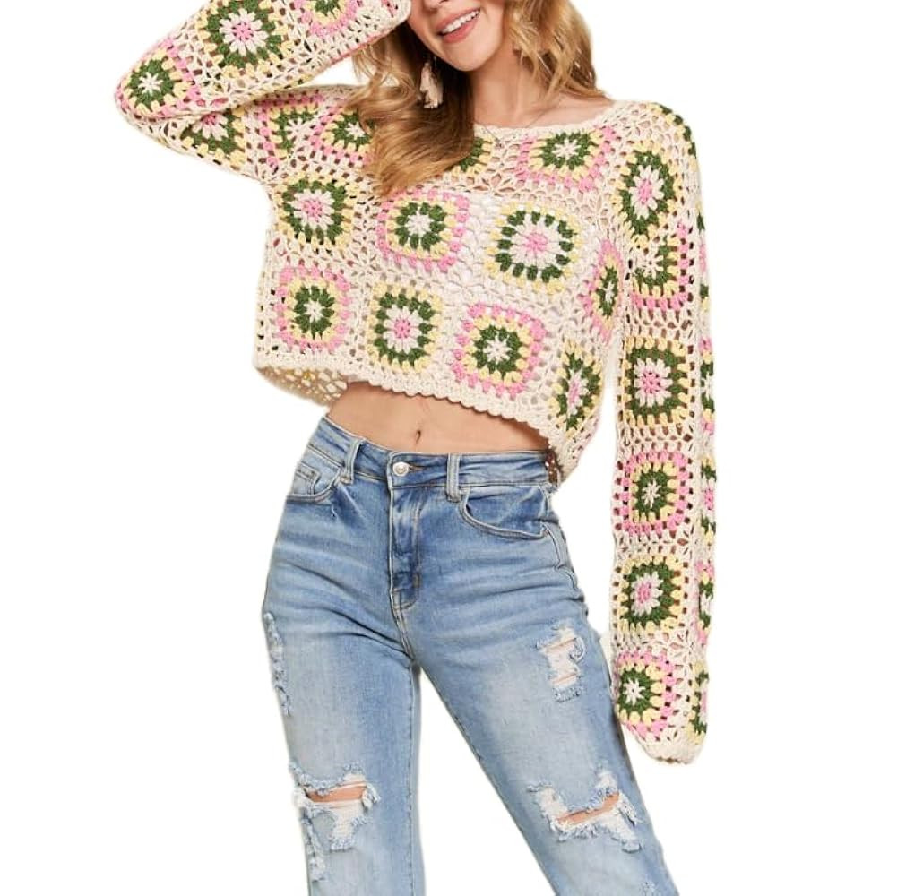 Womens Vintage Crochet Granny Square Cardigan Jumper Long Sleeve Button Down Floral Knitted Sweat... | Amazon (US)