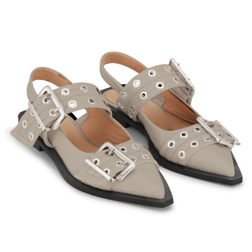 Yishaweiqi Wide Welt Buckle Ballet Flats for Women Slingback Flats Casual Ballerina Shoes Flat Squared Block Heel Pumps Grey | Amazon (US)