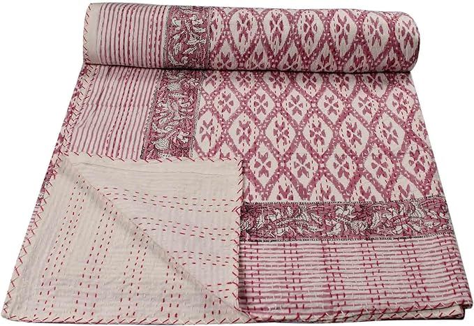 Multicolour Block Printed Design Handmade Kantha Work 100% Cotton Throw Bedding Bedspread Bohemia... | Amazon (US)