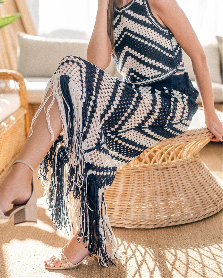 Camilla Chevy Crochet Fringe Midi Skirt Ivory/Navy / Large | ish Boutique