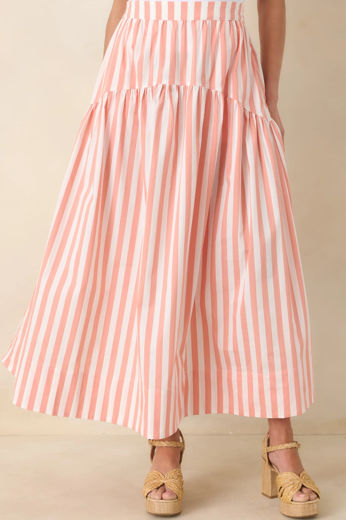 Tide & True Coral Orange Stripe Tiered Maxi Skirt | Red Dress