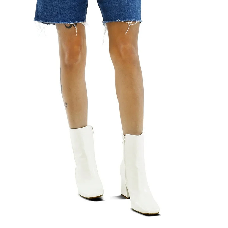 Pennysue Women's Square Toe Mid Calf Boots White Chunky Block Heel Ankle Booties Side Zipper Size... | Walmart (US)