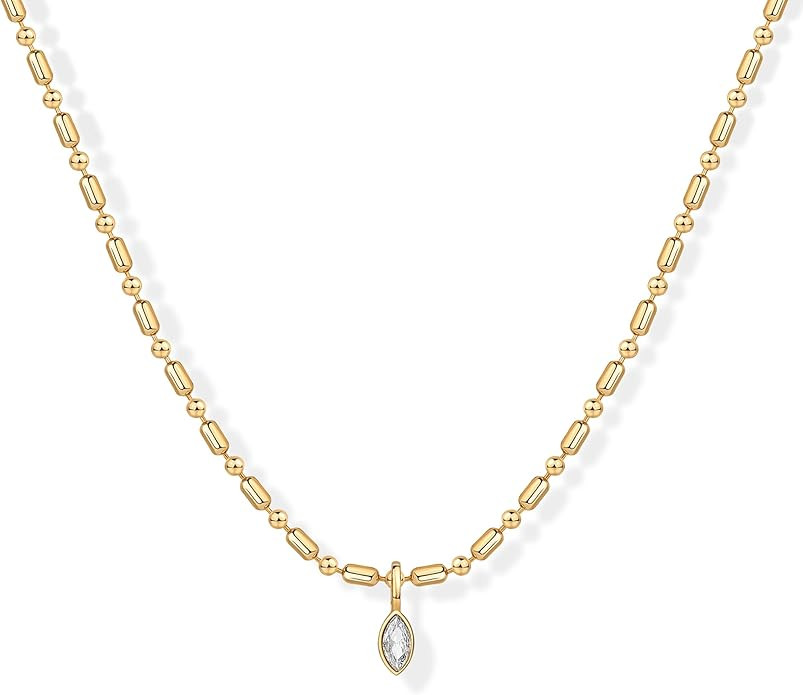 PAVOI 14K Gold Plated Dainty Tube Ball Square Beaded Chain Bezel Set Solitaire Pendant Necklace f... | Amazon (US)