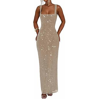 Sexy Sparkly Sequin Prom Dress Square Neck Bodycon Formal Party Club Gown Tube Maxi Evening Dress | Amazon (US)