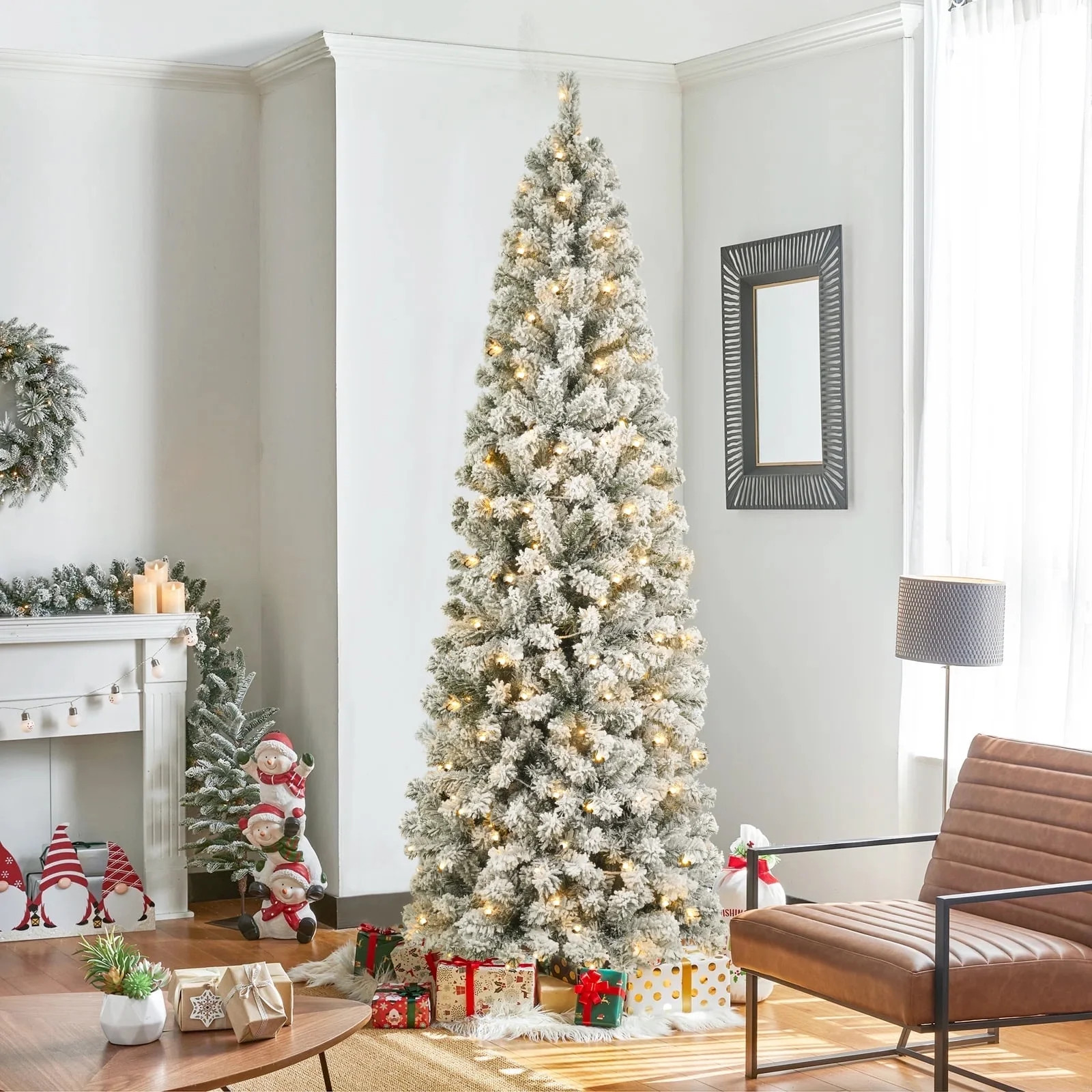 7ft Pre-Lit Artificial Pencil Christmas Tree Snow Flocked Slim Skinny Xmas Tree Holiday Decorat... | Walmart (US)