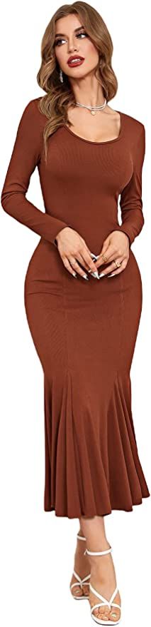 MakeMeChic Women's Long Sleeve Solid Ruffle Hem Ribbed Bodycon Long Dress Mermaid Dress at Amazon... | Amazon (US)