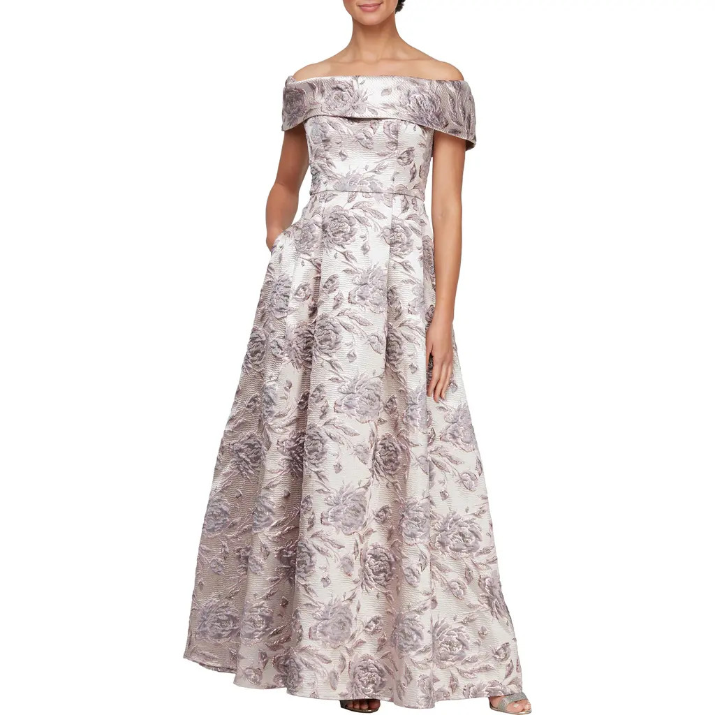 Alex Evenings Metallic Floral Off the Shoulder Jacquard Gown in Mauve at Nordstrom, Size 12 | Nordstrom