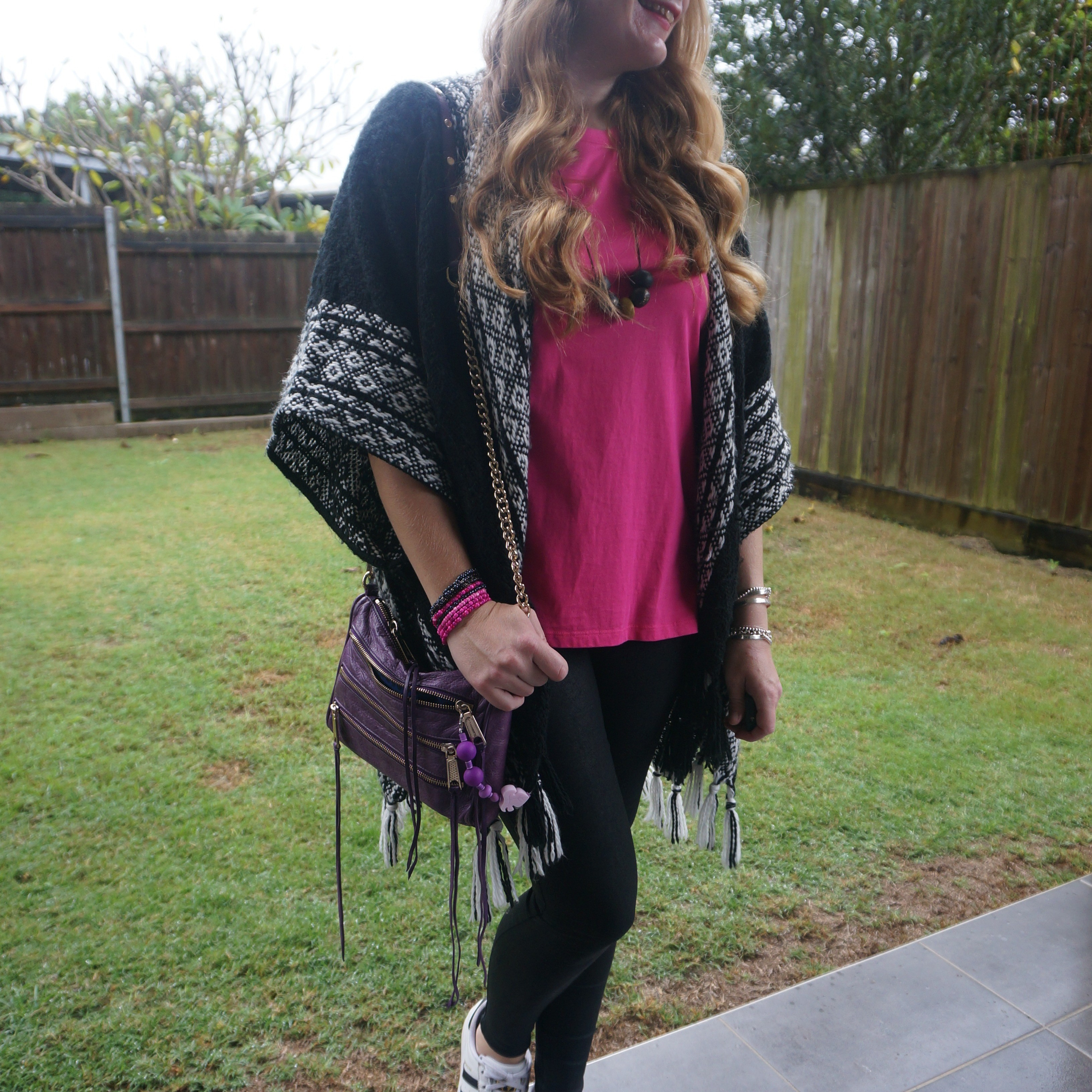 Cosy Rebecca Minkoff ruana poncho with pink tee, coated denim jeans, Adidas Superstar sneakers and purple mini 5-zip bag 💕💜

#LTKaustralia #LTKwinter #LTKbag