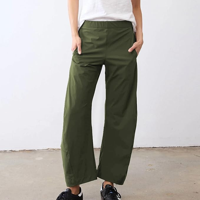 Women Barrel Travel Pants Elastic Waistband Tapered Leg Baggy Mid Rise Work Trousers Lounge Pant ... | Amazon (US)