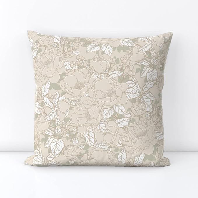 Spoonflower Square Throw Pillow, 18", Linen Cotton Canvas - Neutral Peonies White Green Flowers L... | Amazon (US)