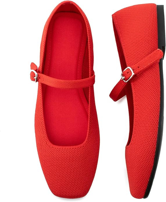 Zapatos planos de punto para mujer con punta cuadrada, zapatos planos casuales con correa para el... | Amazon (US)