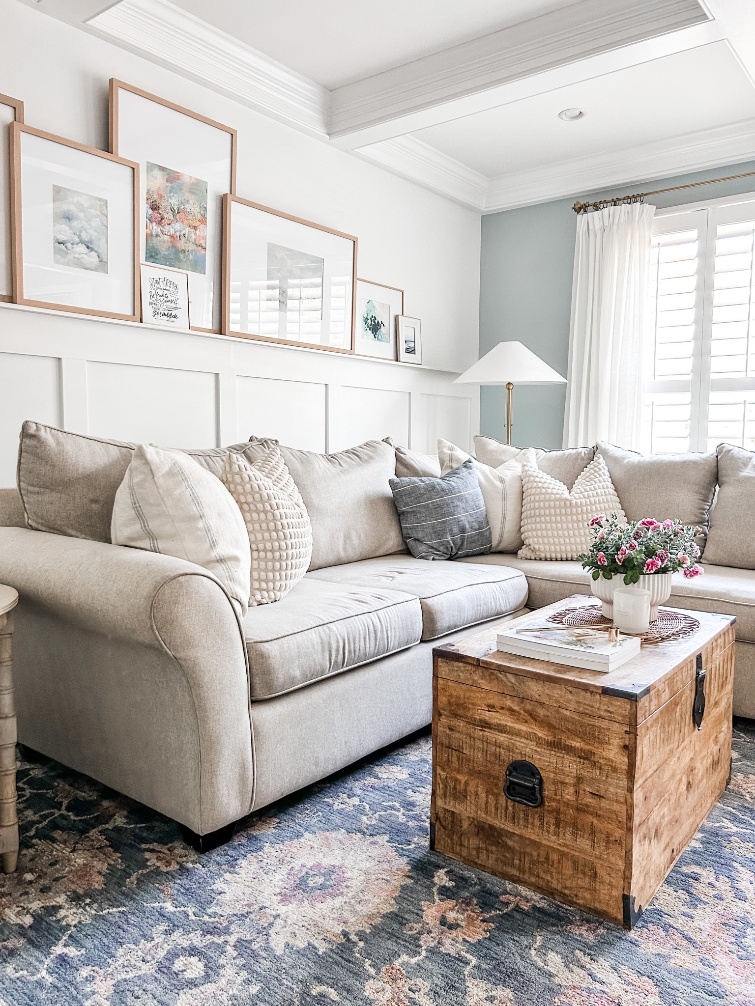 Current Living room home decor style.

Gallery frames, picture frames, natural wood gallery frame, round ceramic planter, white ceramic planter, fluted bowl, brass floor lamp, Studio McGee floor lamp, blue area rug, floral area rug, living room rug. Abstract art prints, Spring art print, Amazon drapes, Amazon curtain panels, gold curtain clip rings, gold curtain rod. Pinch pleat curtains, marble coasters, wood bead garland, candle snuffer.

#livingroom