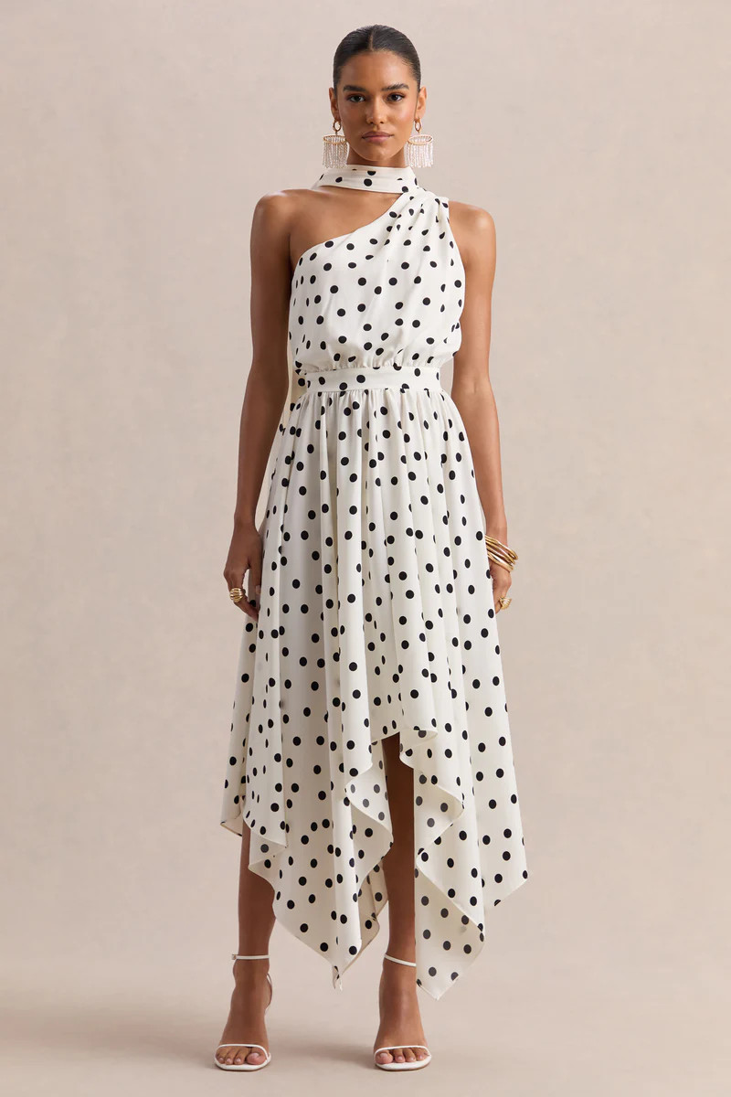 Caluna | White And Black Polka Dot Satin Asymmetric-Neck Midi Dress With Scarf-Detail | Club L London