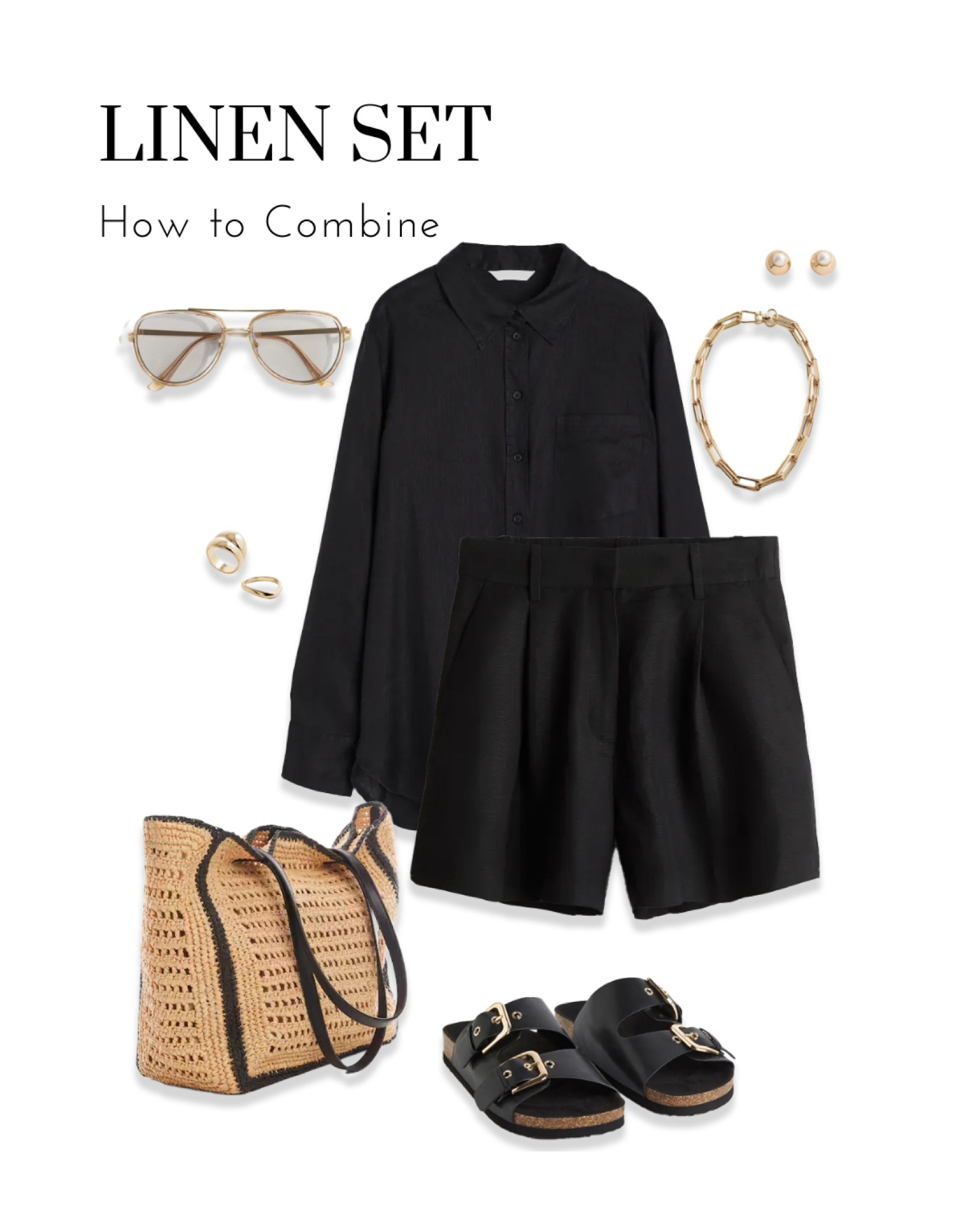 Linen Set with Shirts, Crochet Bag, Slippers & Accessories.
Create a stylish ensemble with a linen set featuring shirts and a shirt, complemented by a crochet bag, black buckled slippers, a golden chunky necklace, delicate earrings, and modern brown sunglasses.
#FashionEnsemble #LinenSet #Accessories #ModernStyle