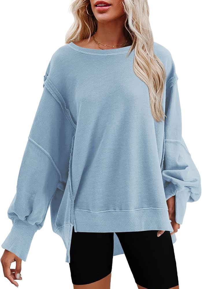 Nirovien Womens Oversized Crewneck Sweatshirt Side Slit Long Sleeve Pullover Slouchy Fit Tops | Amazon (US)