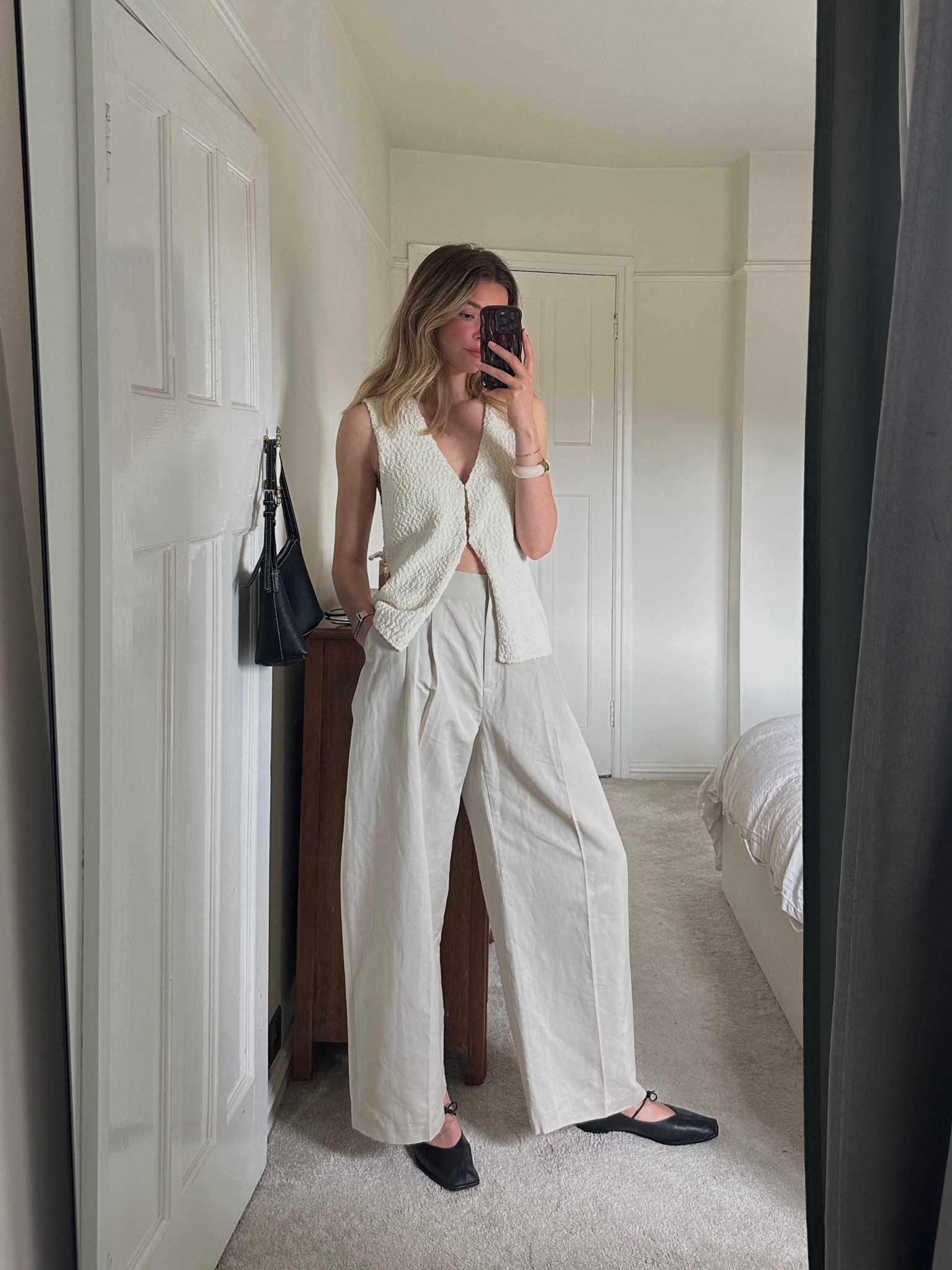 Other Stories, M&S, Alohas, knit vest, barrel trousers, beige trousers, wide leg trousers, ballet flat, leather bag, shoulder bag, baguette bag, summer outfit 

#LTKsummer #LTKeurope #LTKuk