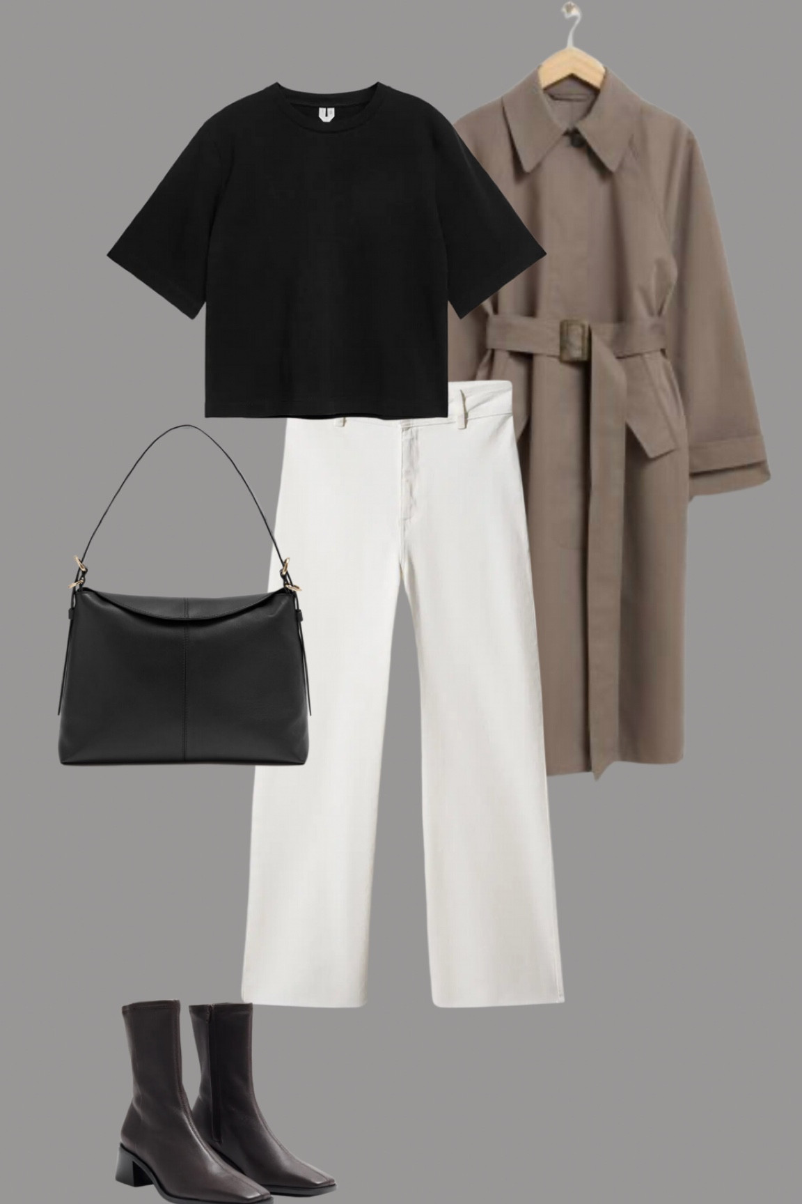 Perfect trench coat neutral style with a taupe trench from other stories, cream cropped jeans, a boxy black tee from Arket and atop handle woven bag. 