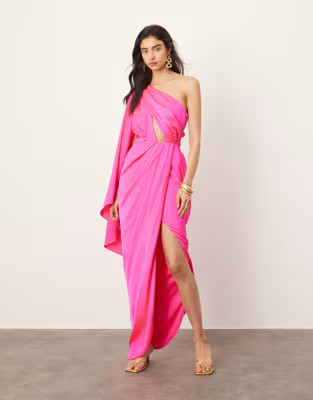 ASOS EDITION satin one shoulder flare sleeve maxi dress with ruched waist detail in pink | ASOS (Global)